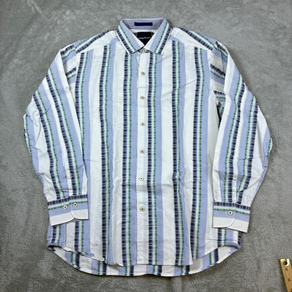 Tommy Bahama Shirts Men Medium Striped Cotton Silk Long Sleeve White Blue Green - Picture 1 of 7
